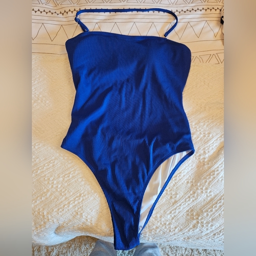Blue Ribbed bando Swimsuit xl new